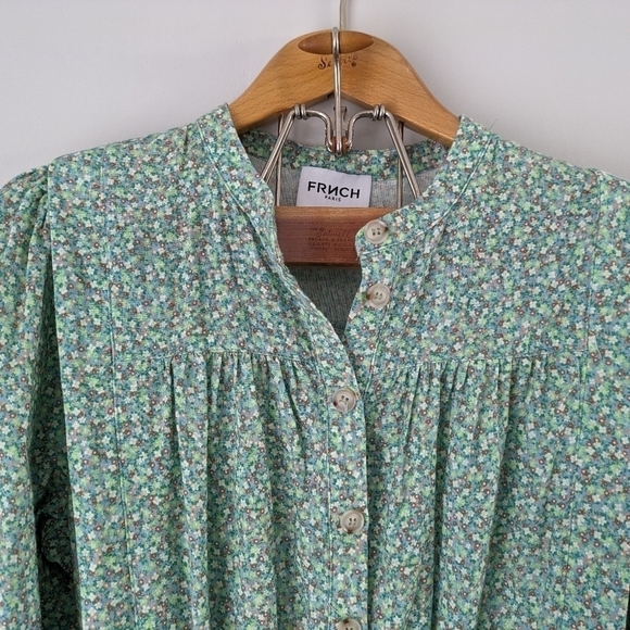 FRNCH Romper Women's Large Green Floral Talia Sage Tie Waist Puff Sleeve - Picture 7 of 10